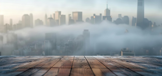 Photo blurred cityscape background with fog wooden table top for product presentation in urban setting