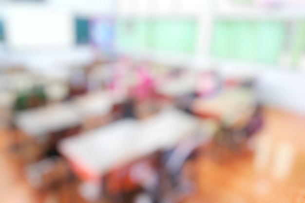 Blurred of classroom with wooden table wooden chair and blackboard in public school Education