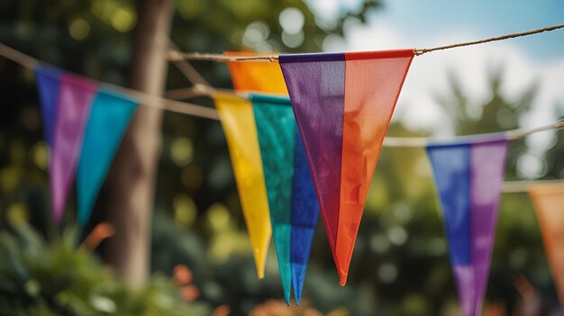 Photo blurred colorful triangular flags backgrounds for summer outdoor event party ai generative