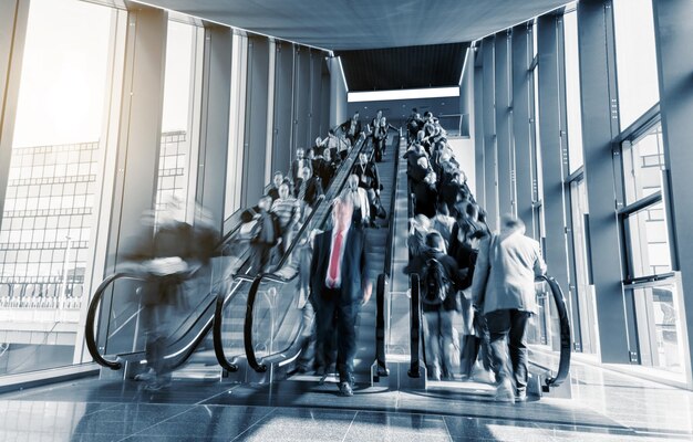 Blurred commuters rushing on escaltors in a  trade show. ideal for websites and magazines layouts