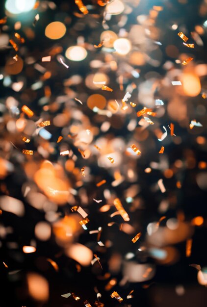 Photo blurred confetti falling in the air during a new years eve party with sparkling lights creating a celebratory atmosphere