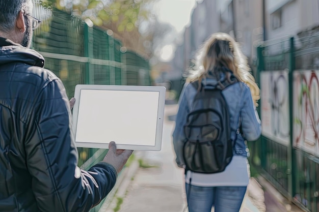 Blurred couple showing tablet near fence