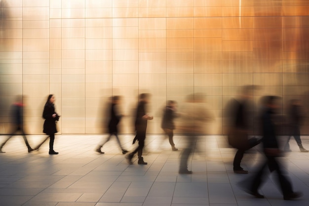 Blurred crowd people walking in modern city by Generative AI