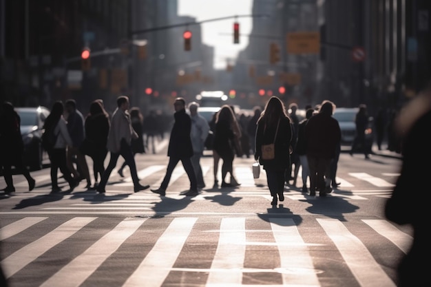 Blurred Crowd of unrecognizable business people walking on Zebra crossing in rush hour working day