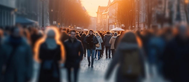 Blurred crowd of unrecognizable at the street at sunset