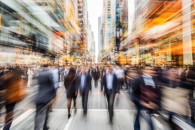 Blurred crowds of people merge together symbolizing the fastpaced urban life