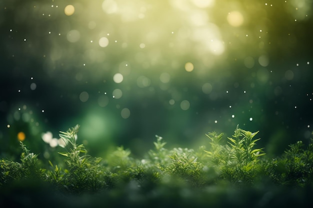 Blurred dark greenery background with bokeh lights