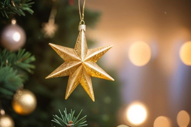 Blurred defocus with Bokeh of golden star of Christmas tree decoration on Bokeh