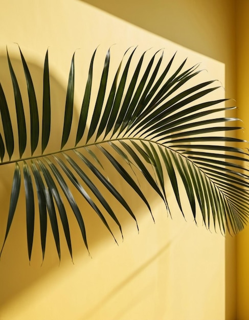 Blurred defocused shadow from palm leaves on yellow wall Minimalistic beautiful summer or spring background for product presentation Theme of travel and beach holidays Long narrow leaves AI