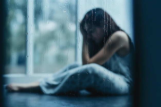 Blurred depressed woman sitting on bed and holding head in hands mental health concept rainy day