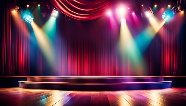 Blurred empty theater stage with fun colourful spotlights