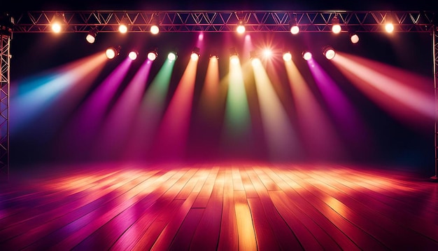 Blurred empty theater stage with fun colourful spotlights