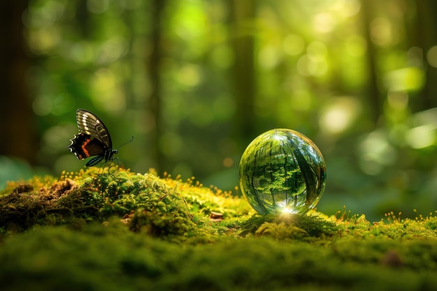 Photo blurred forest background with butterfly and crystal ball on moss nature concept for world environment day