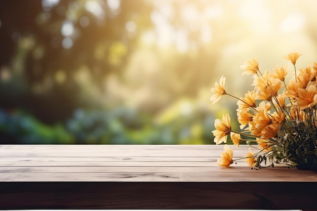 A blurred garden flower background can be seen through a window in the morning with a wooden table t...