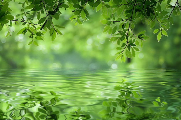 Blurred green background with water reflection and nature background blurred green tree foliage ref