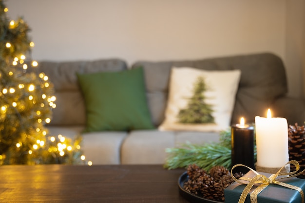 Blurred home interior in living room with Christmas tree