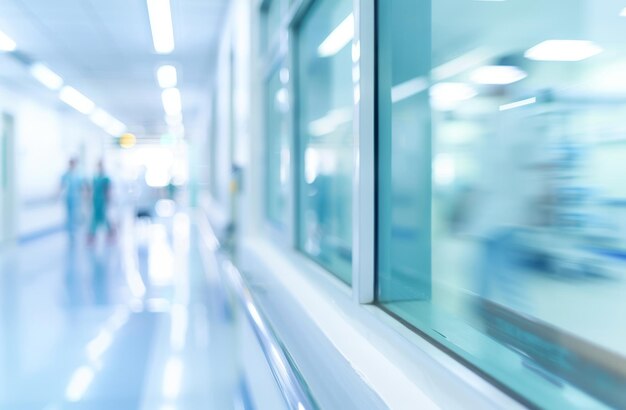 Photo blurred hospital corridor with people in motion abstract bokeh effect