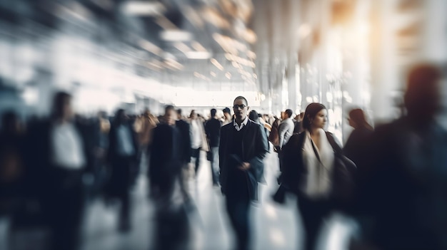 Blurred image of business people walking in a modern hall