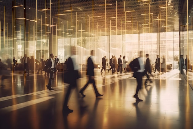 blurred image of business people walking in subway