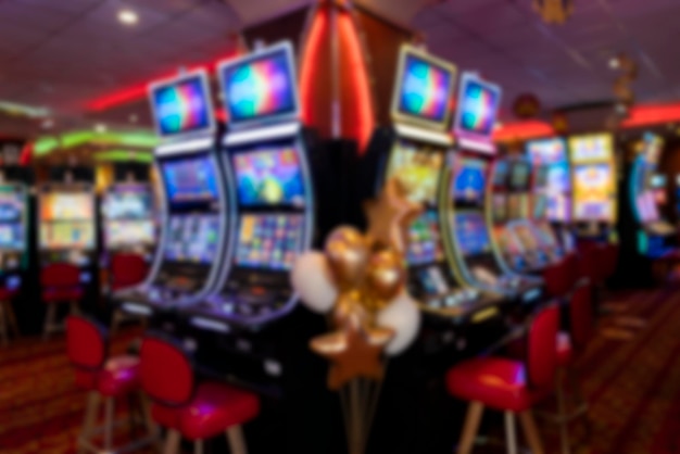 blurred image of the casino's slot machines, in hotizontal