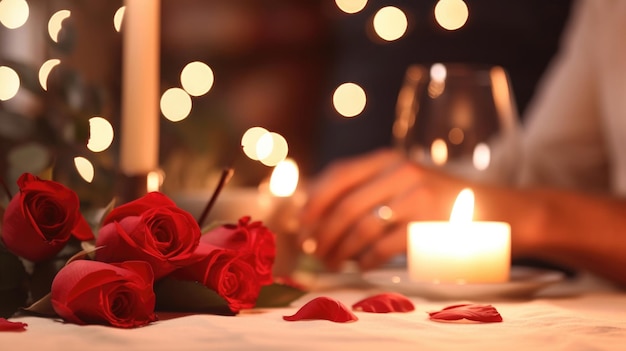 Blurred image of a couple at a candlelit dinner holding hands with red roses on the table