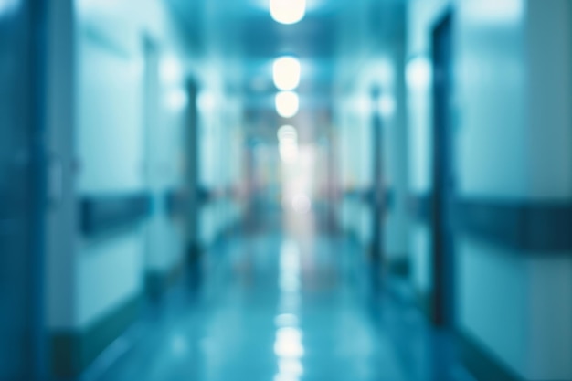 Blurred image of a hospital corridor with bright fluorescent lights