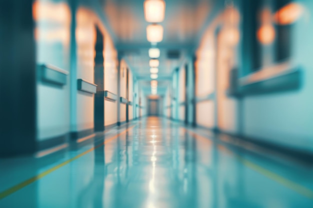 Blurred image of a hospital corridor with bright fluorescent lights