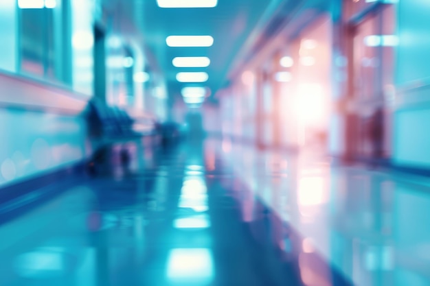 Photo blurred image of a hospital corridor with bright fluorescent lights