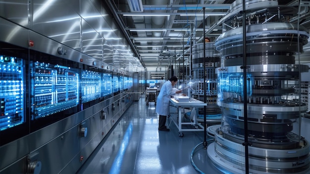 a blurred image of a laboratory with a microscope in the foreground