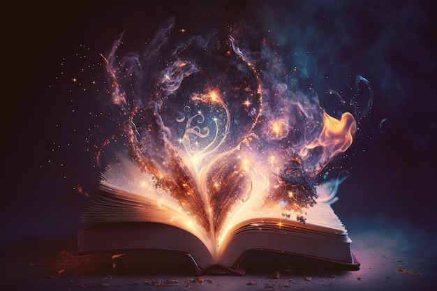 Blurred image of a magical book with flames and sparks surrounding it creating an otherworldly scene