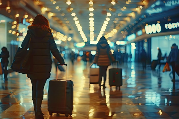 Blurred image of people walking with luggage in a brightly lit shopping mall or airport