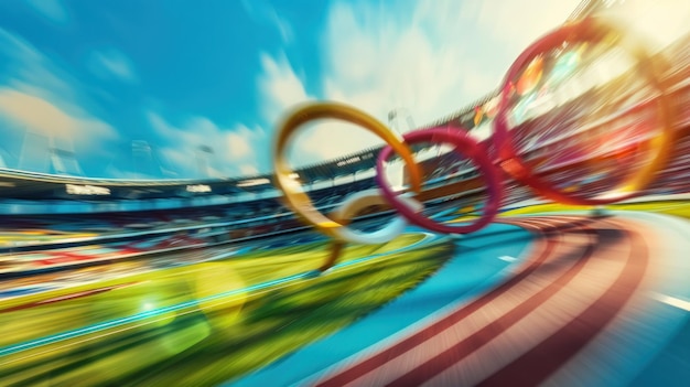 Photo blurred image of a stadium track with olympic rings symbolizing speed and motion for france 2024