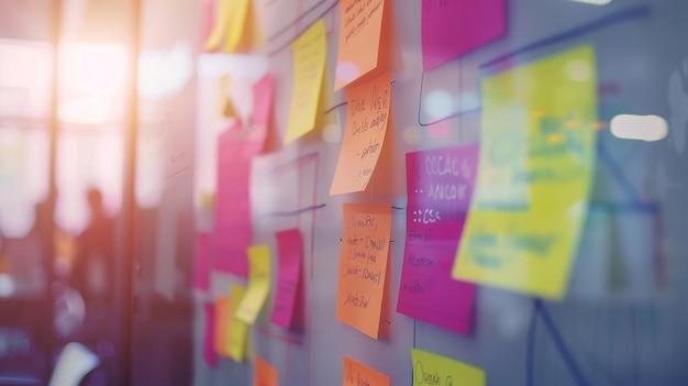 Blurred image of sticky notes on the wall in office background