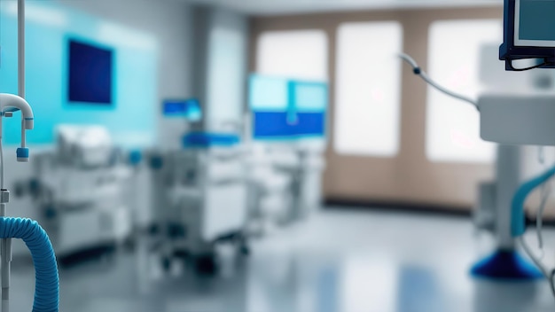 Blurred interior of hospital Dominant color scheme is shades of blue abstract medical background