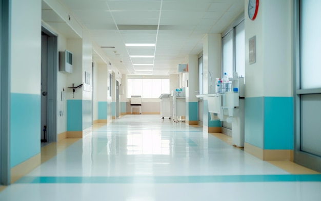 Blurred interior of hospital hall Abstract medical banner with empty space for text