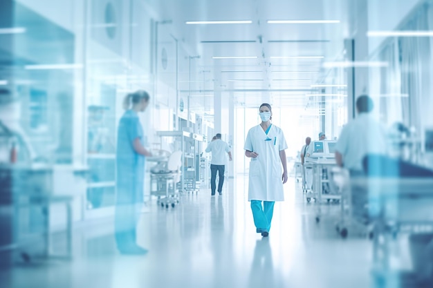 Blurred interior of hospital with doctors