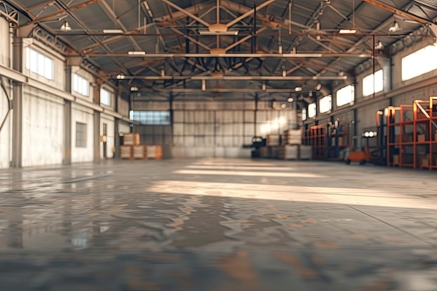 Blurred Interior of Warehouse with Metal Roof