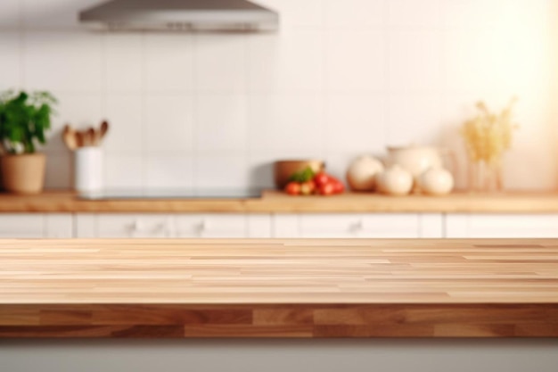 Blurred kitchen background with an empty countertop