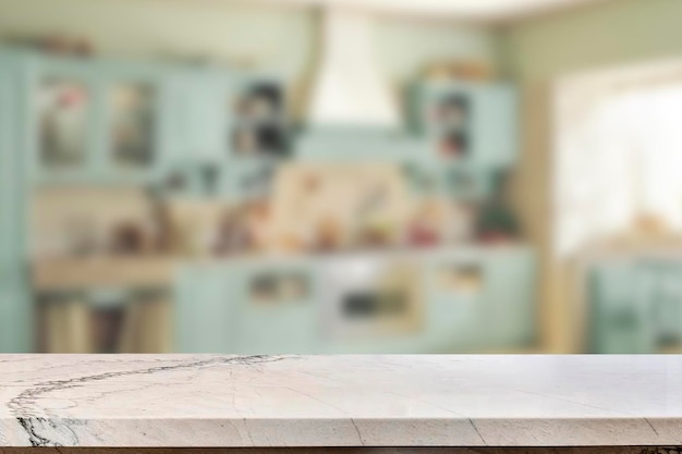 Blurred kitchen background with empty marble table.