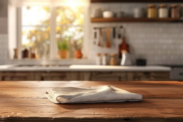 blurred kitchen interior and napkin and desk space