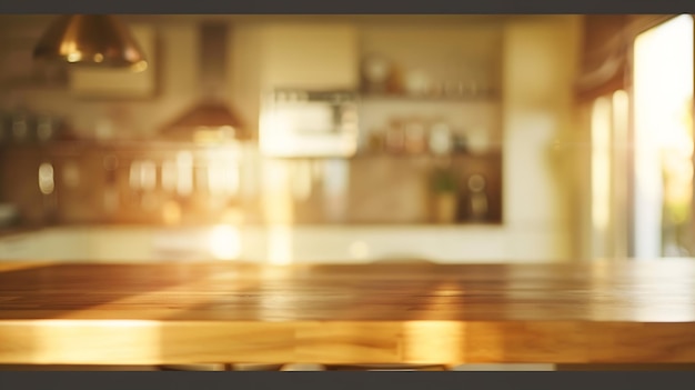 blurred kitchen interior and wooden desk space home background Generative AI