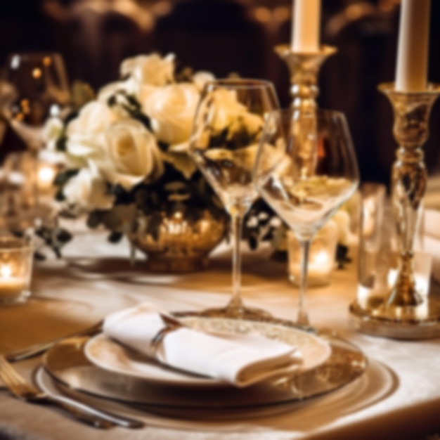 Blurred luxury elegant table setting dinner in a restaurant