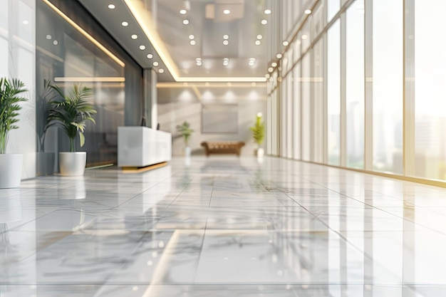 Blurred Luxury Hotel or Office Lobby White Room with Glass Wall Windows