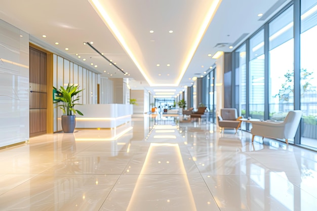 Blurred Luxury Hotel or Office Lobby White Room with Glass Wall Windows