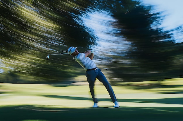 Photo blurred motion of a golfer swinging on the green