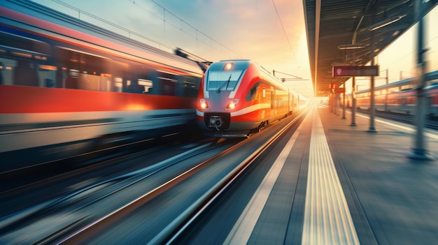 Blurred motion of a highspeed train at sunset transportation future