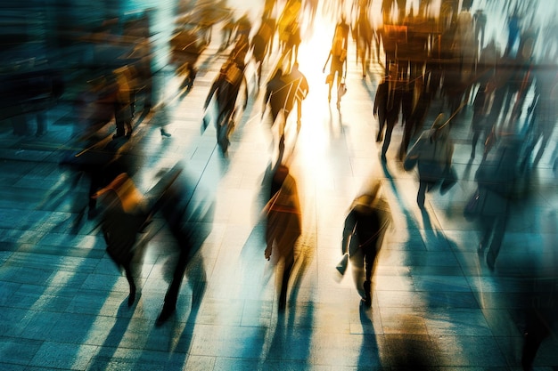 Blurred motion long exposure shot of a crowd of business people walking in the office lobby