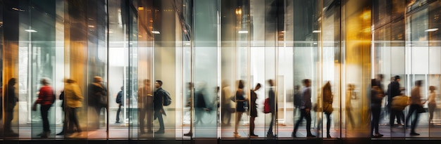 Blurred Motion of People Walking in Glass Corridor