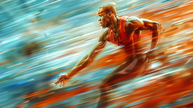 Photo blurred motion of a running athlete in orange and blue