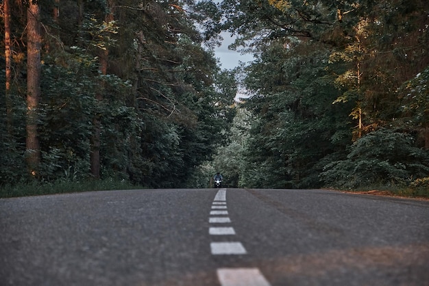 Blurred motion a young man biker in a helmet quickly rides at high speed on a forest road in motion